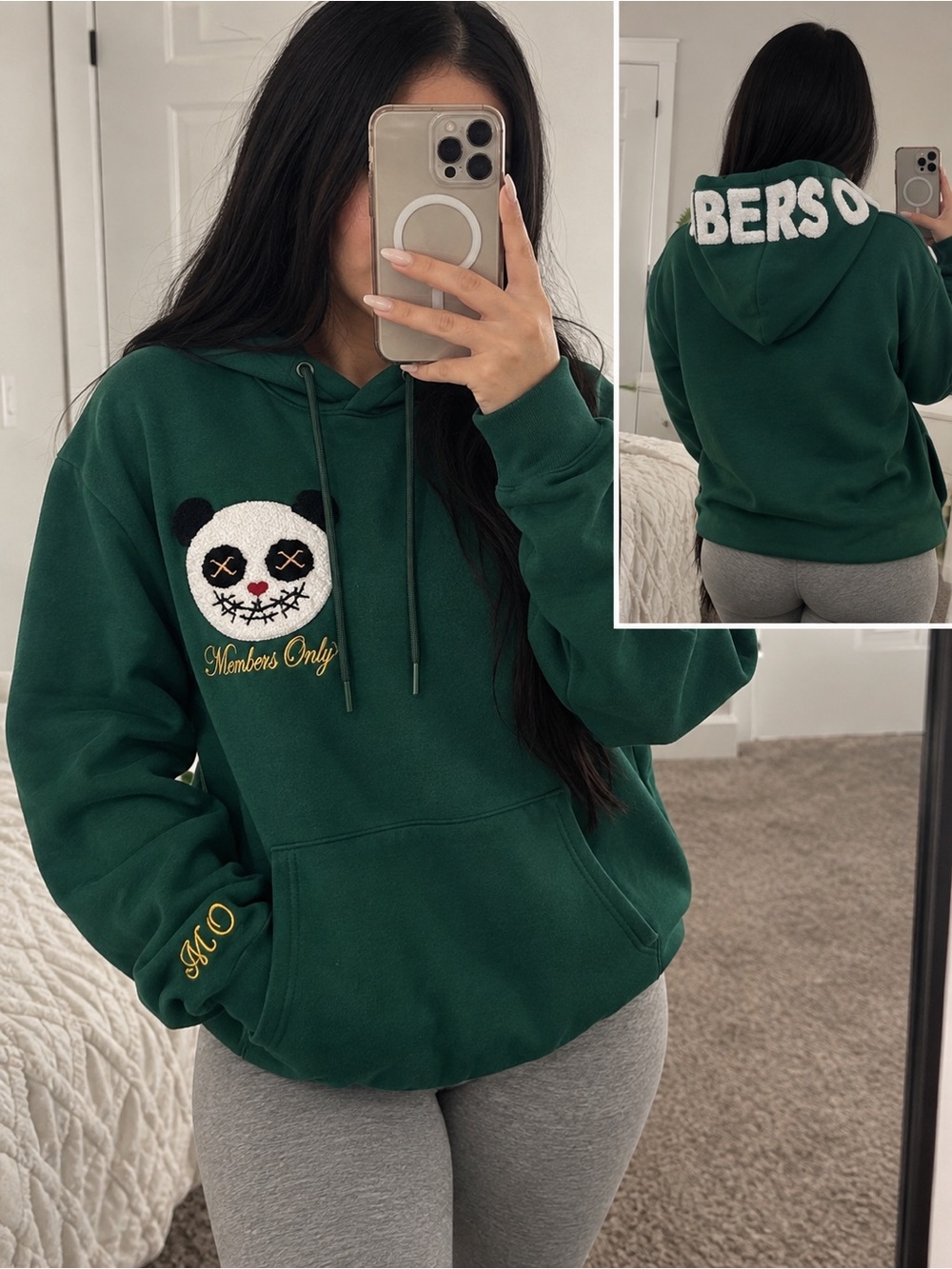 Vintage Members Only Green Bear Graphic Hoodie Y2K Streetwear Size M
